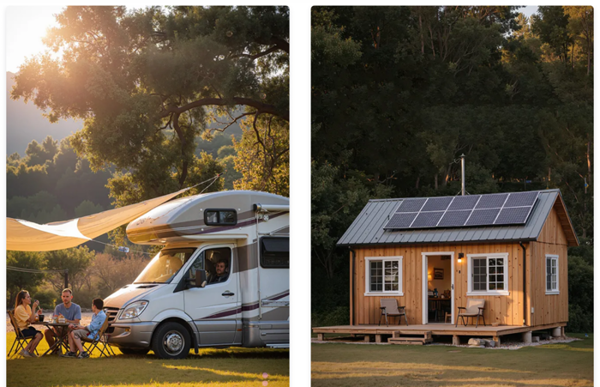 Ein Bild mit Menschen neben einem Wohnmobil und ein Bild mit einem Holzhäuschen mit Solarpanels