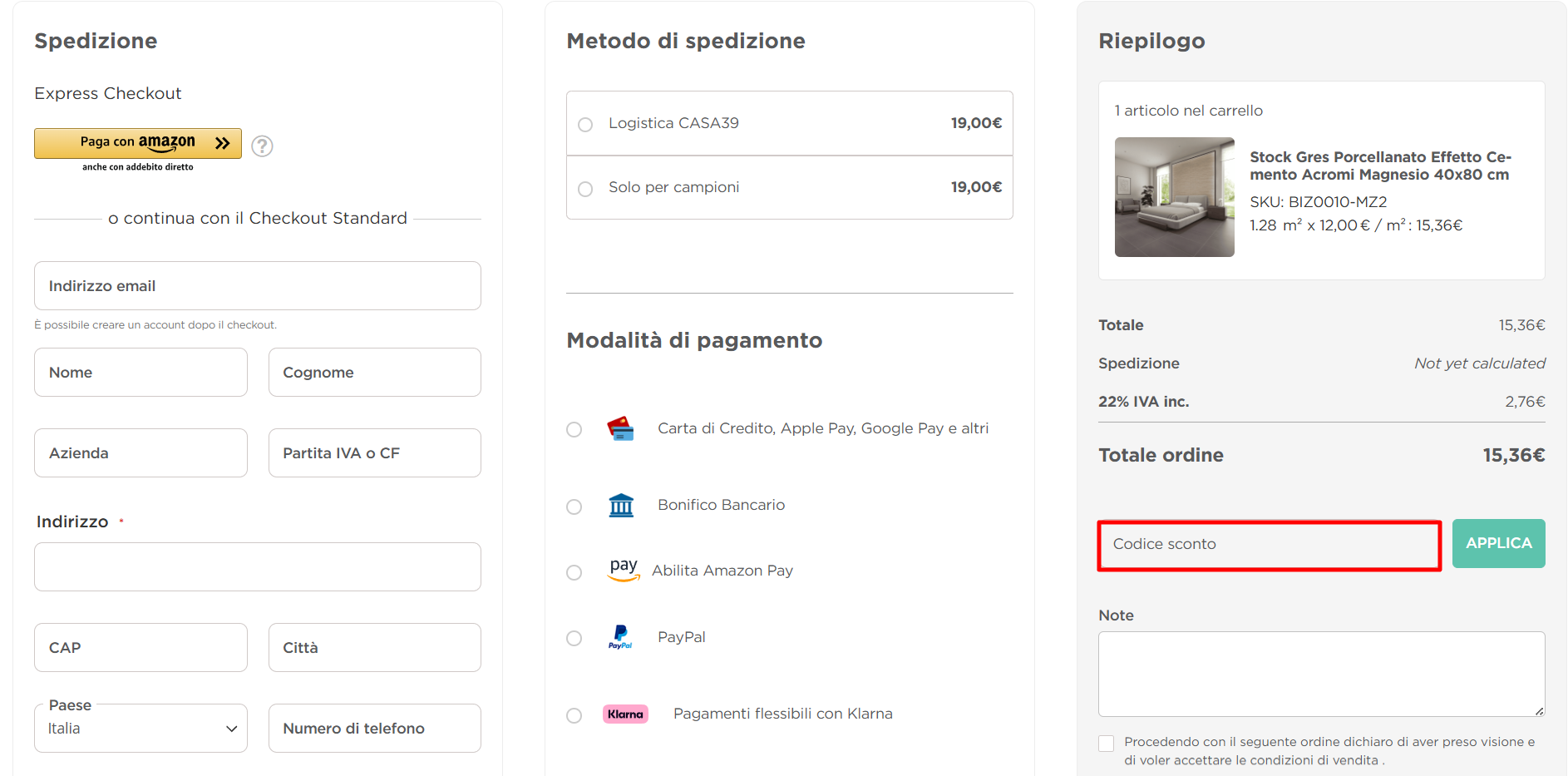 carrello della piattaforma online Casa39 dove poter incollare il codice sconto Casa39 nell'apposita sezione