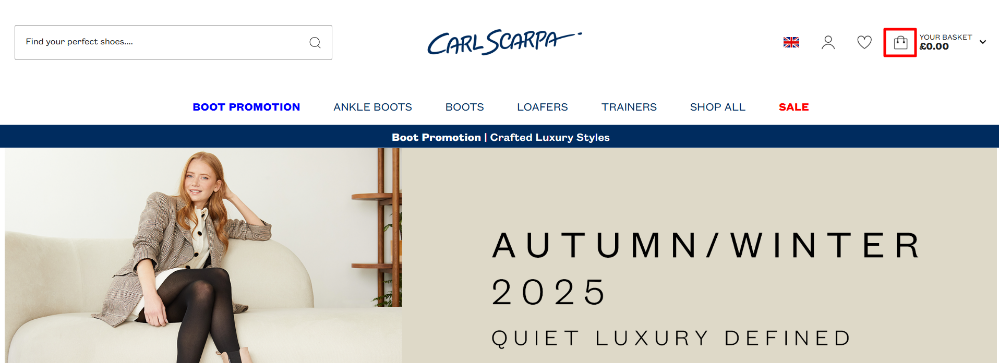 The Carl Scarpa shopping page with different shopping categories and the bag icon highlighted with a red box