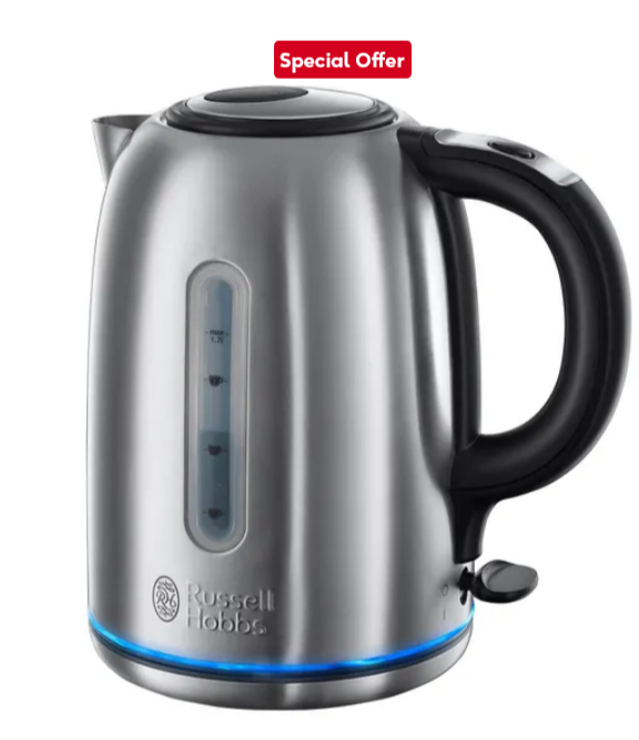 A silver Russell Hobbs electric kettle with a black handle and blue LED light at the bottom