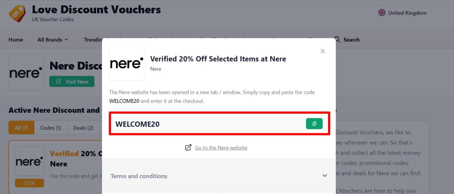 Box displayed on a darkened background of a Nere discount code with the terms and conditions showing