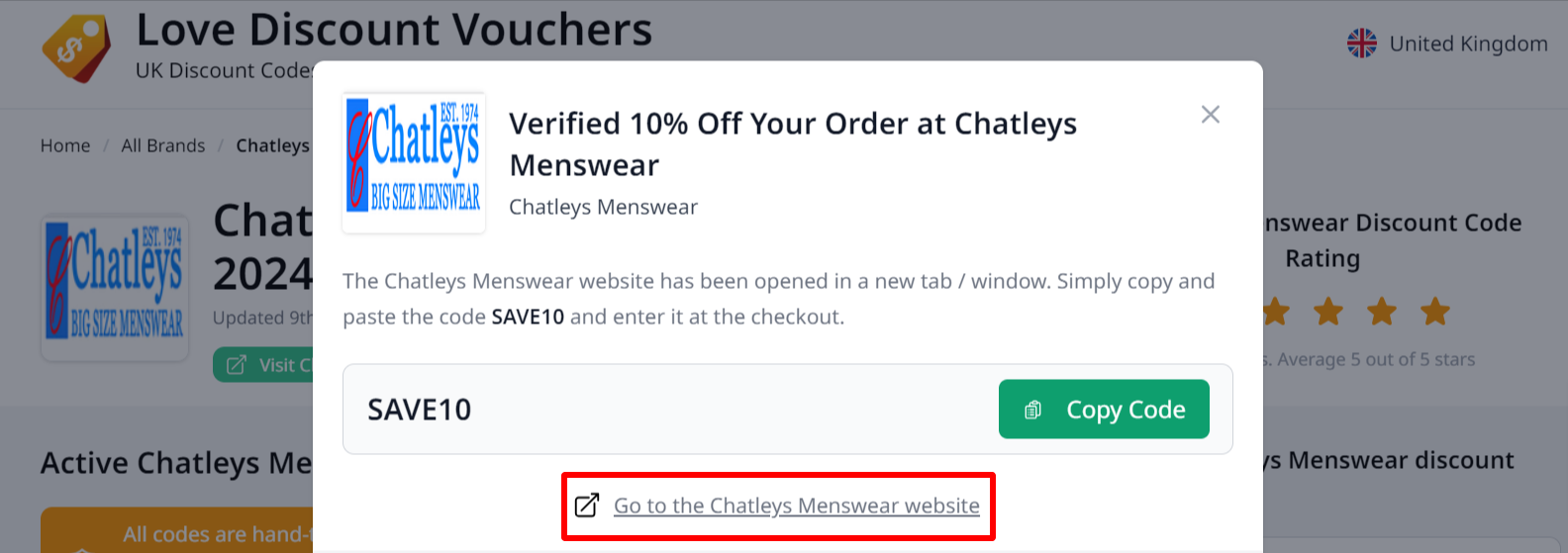 The red highlighted red box showing the link that automatically takes you to Chatleys Menswear website