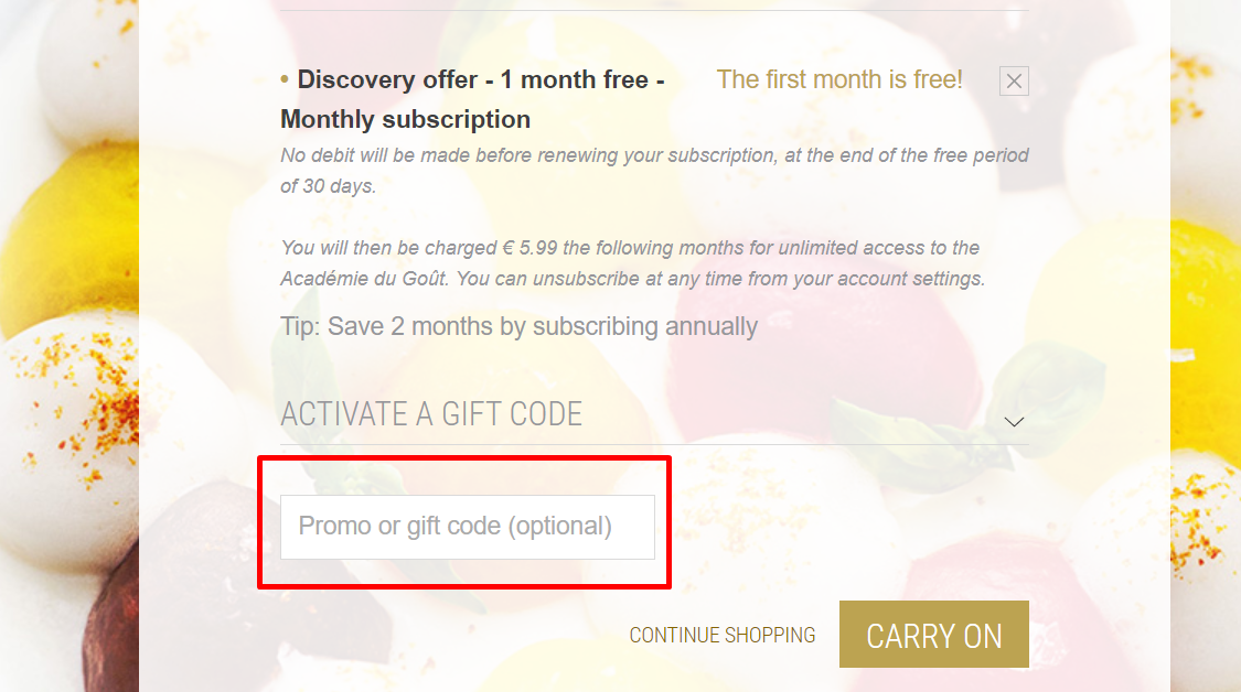 How do I use my Académie du Goût promo code?