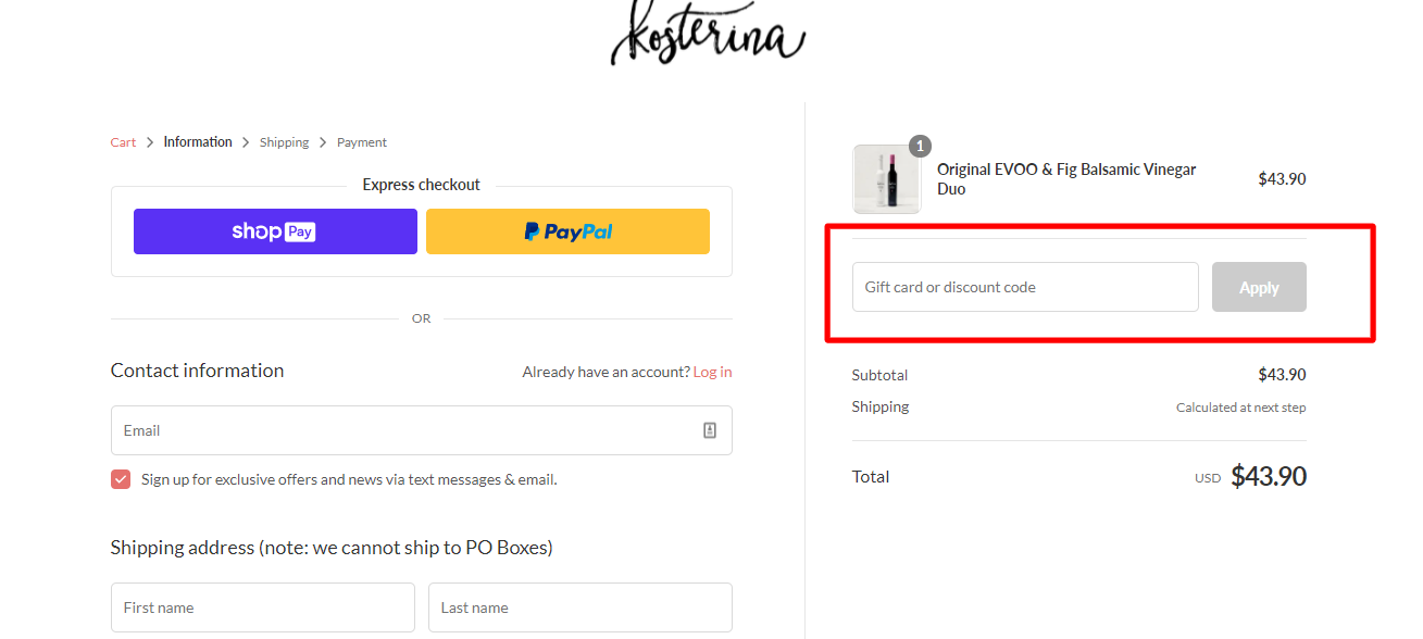 How do I use my Kosterina discount code?