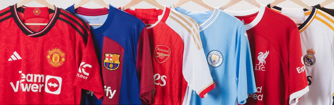A collage showing Manchester United, Barcelona, Arsenal, Manchester City, Liverpool and Real Madrid jerseys