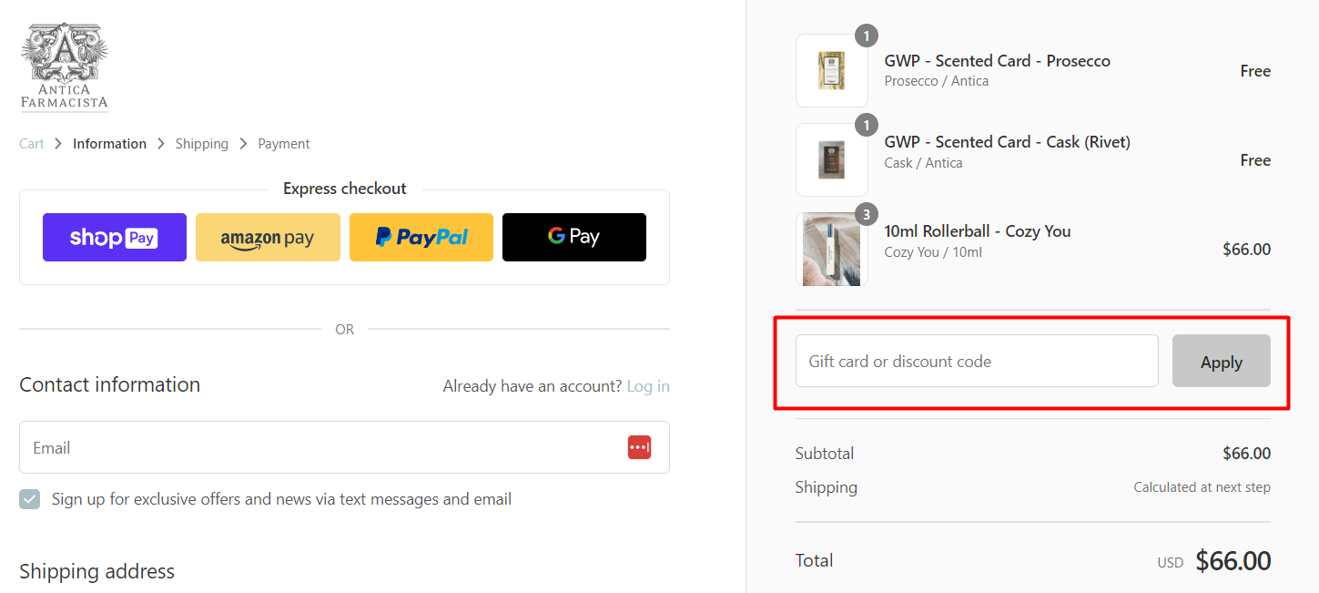 How do I use my Antica Farmacista discount code?
