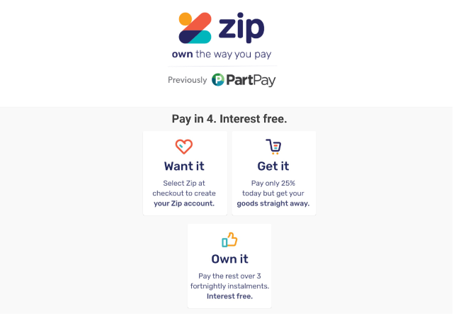 ZIP pay information displayed on a white background with blue text