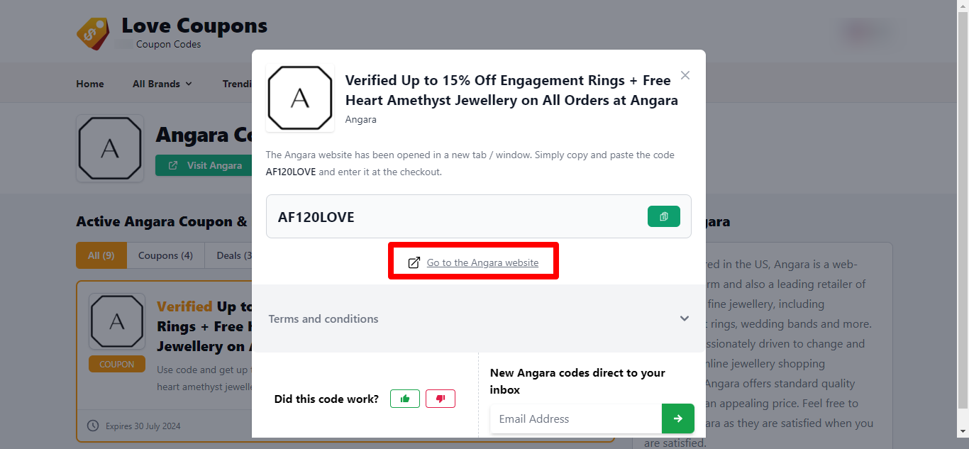 LoveCoupons sites available Angara coupon codes with a red box showing how to get to the brands website