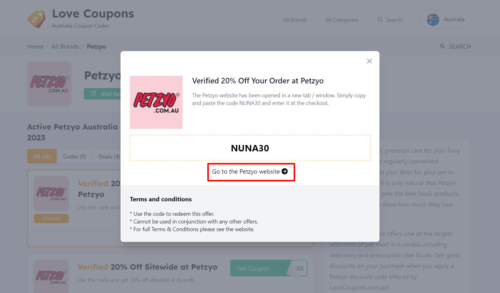 box hovering over a darkened background with a Petzyo coupon and the “terms and conditions”
