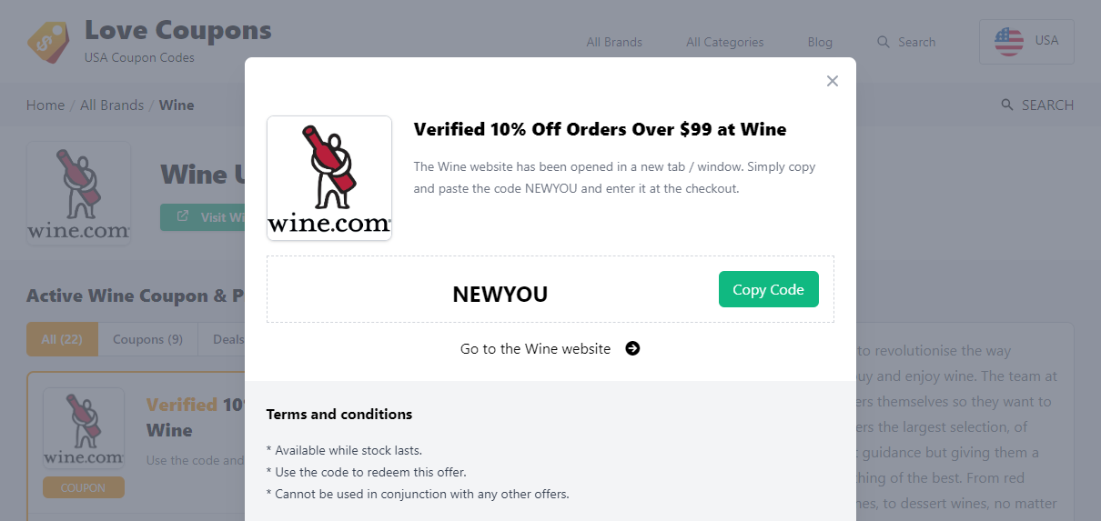 Box displayed on a darkened background of a Wine discount with the terms and conditions showing