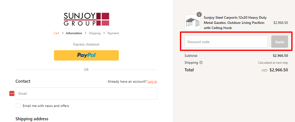 How do I use my Sunjoy Group discount code?