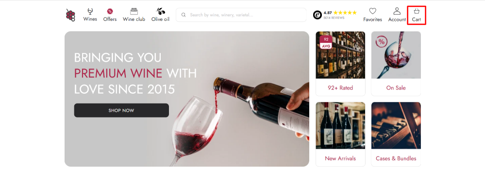 The 8Wines shopping page with the cart con at the top-right-hand corner