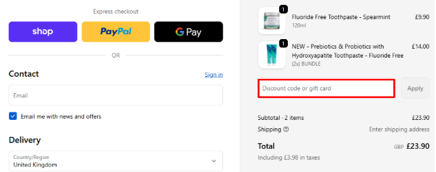 A box where you can add your Georganics voucher code to redeem it