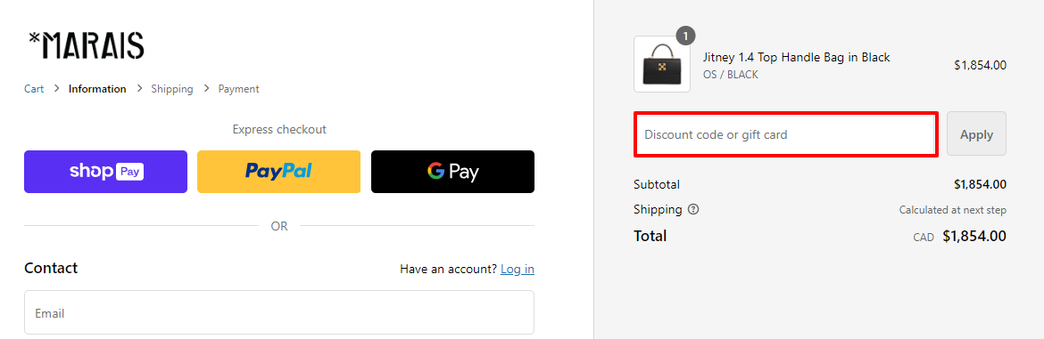 The brand checkout page with where to add the MARAIS coupon code is highlighted with a red box