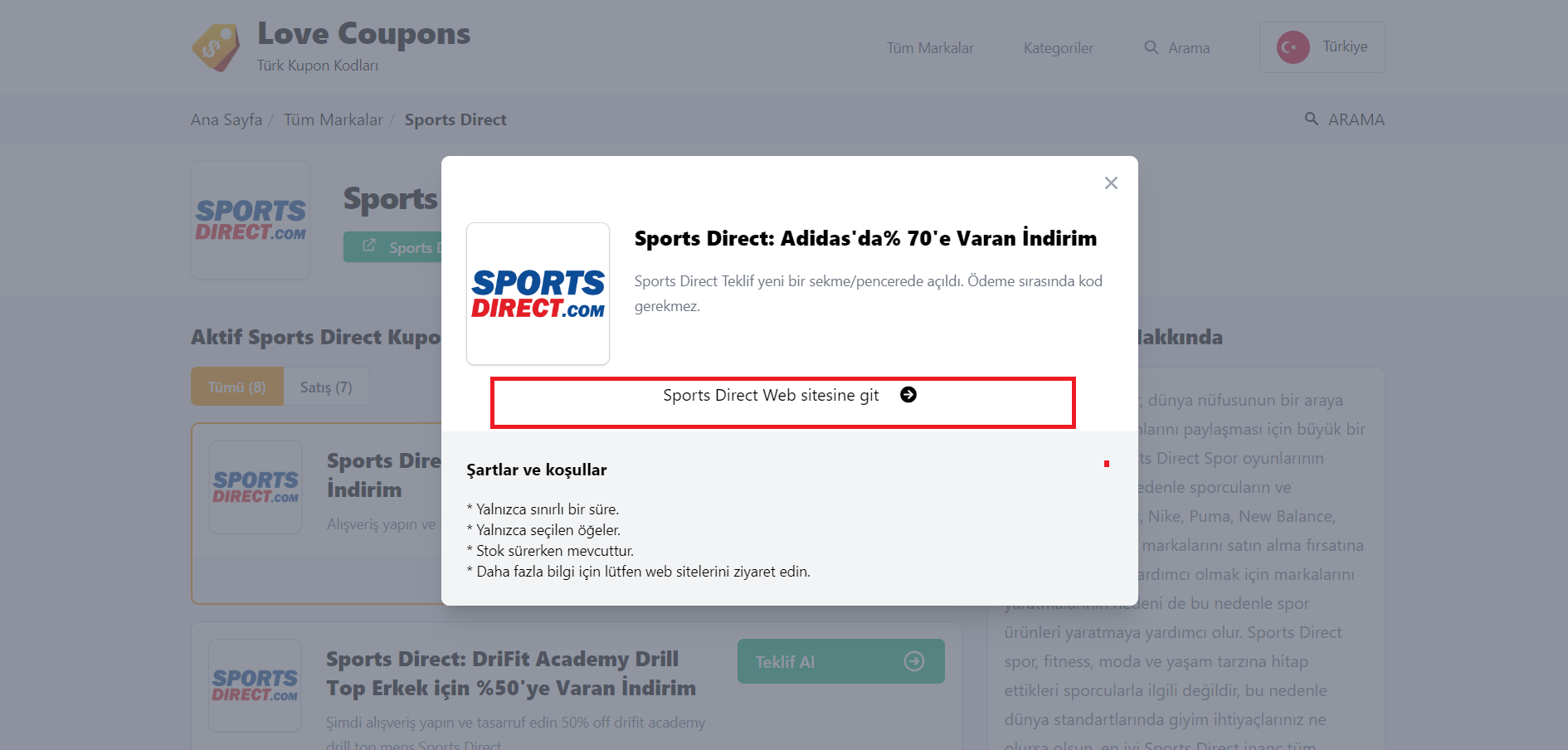 kırmızı kutu ile işaretlenmiş indirim teklifini veren web sitenin linkini gösteren arka fonu blurlanan indirim teklifi sayfası