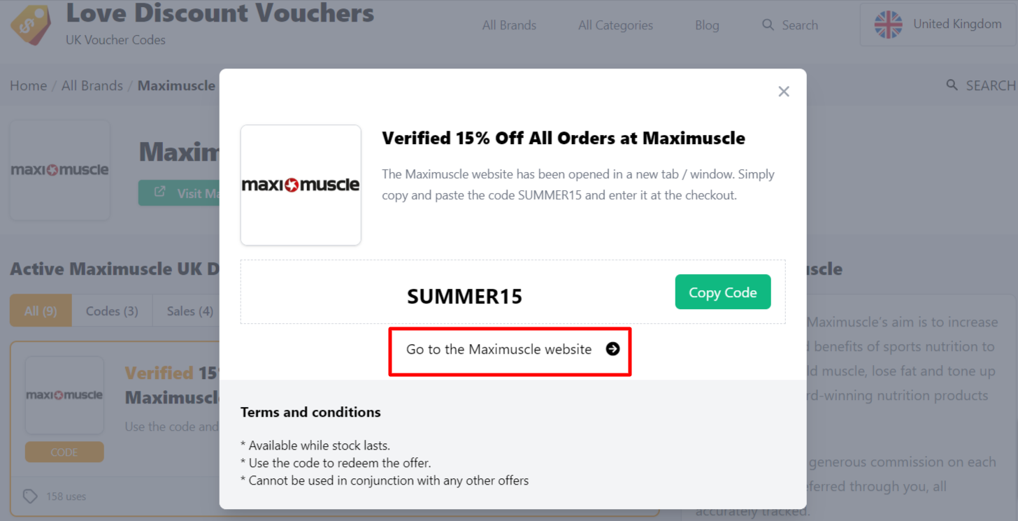 Box displayed on a darkened background of a Maximuscle voucher code with the terms and conditions showing