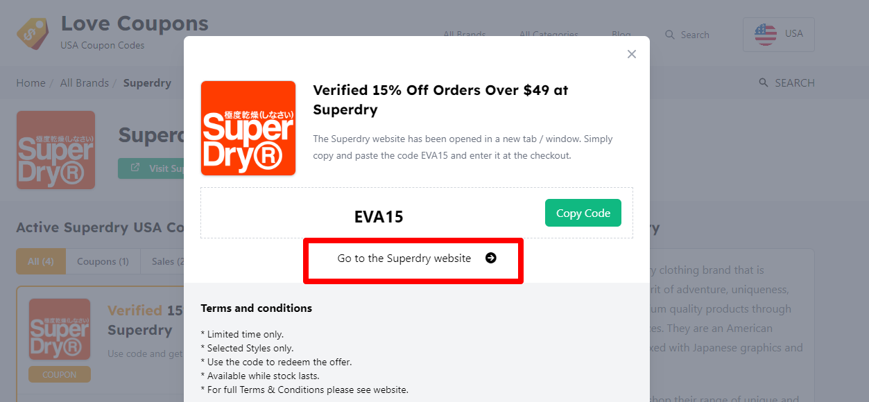 Box hovering over a darkened background with the Superdry promo code highlighted with a red box and the terms and conditions