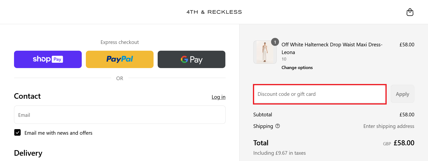 image showing the discount code box for you to paste the 4TH + RECKLESS discount code