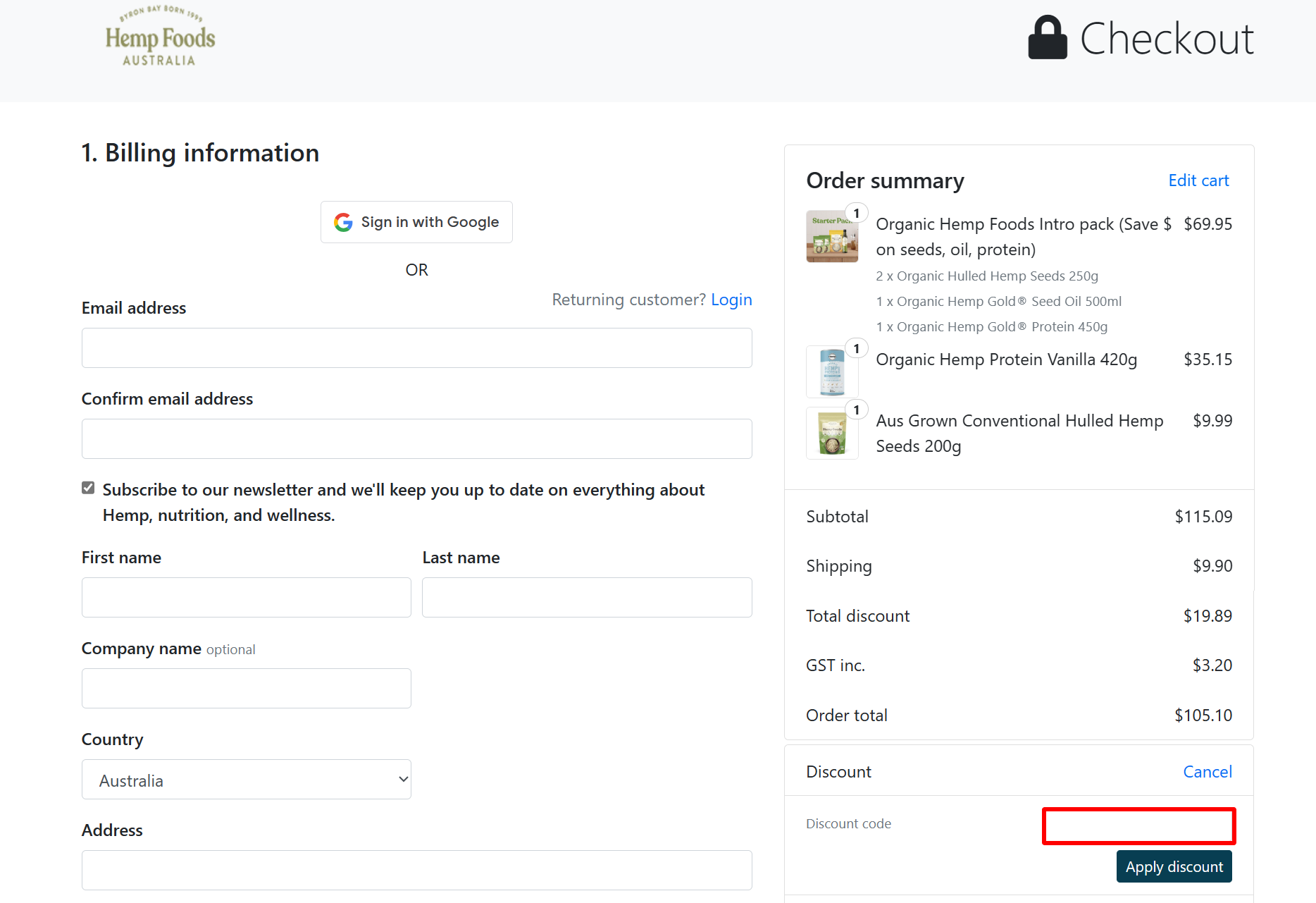 The brand checkout page with where to add the Hemp Foods discount code highlighted with a red box