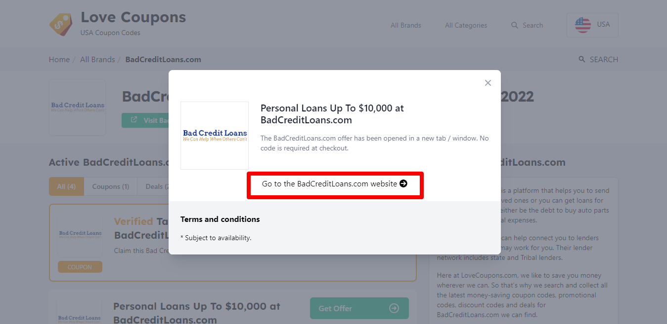 Bad Credit Loans website