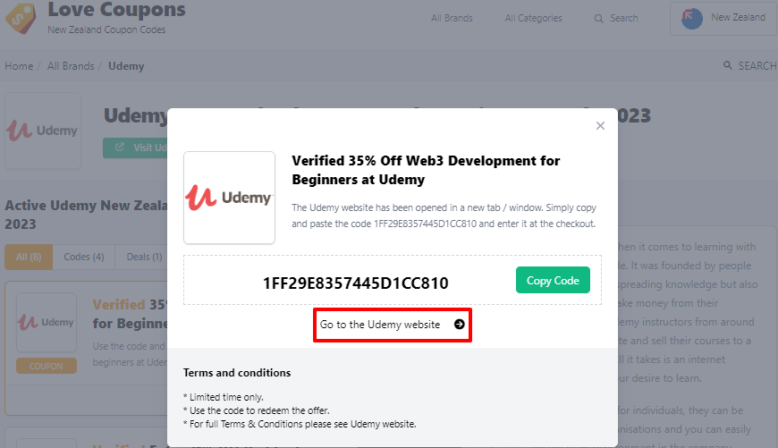 Box displayed on a darkened background of a Udemy coupon code with the terms and conditions showing