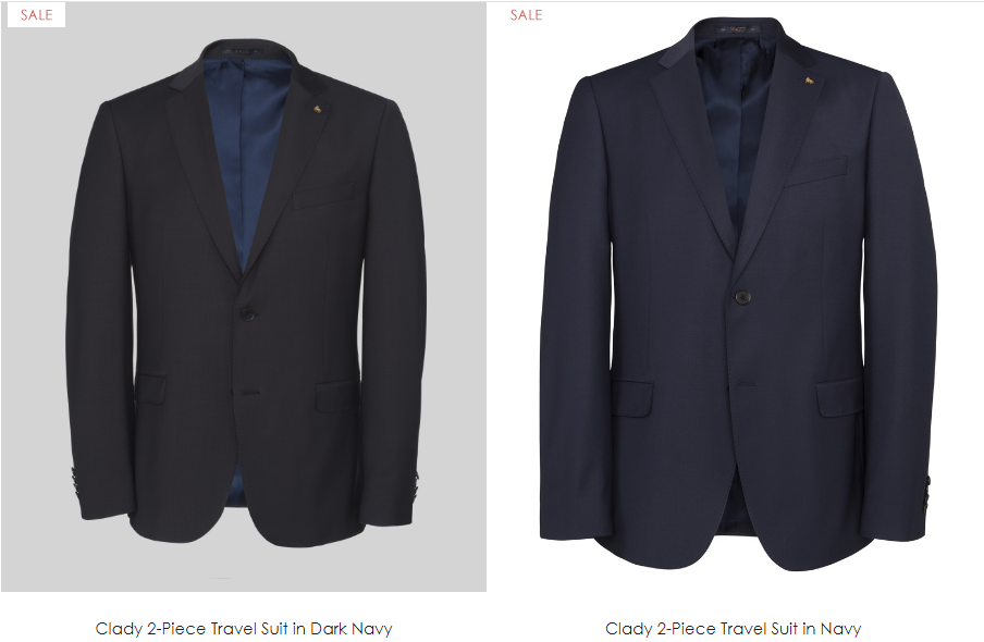 A collage showing two travel suits in navy and dark navy colours