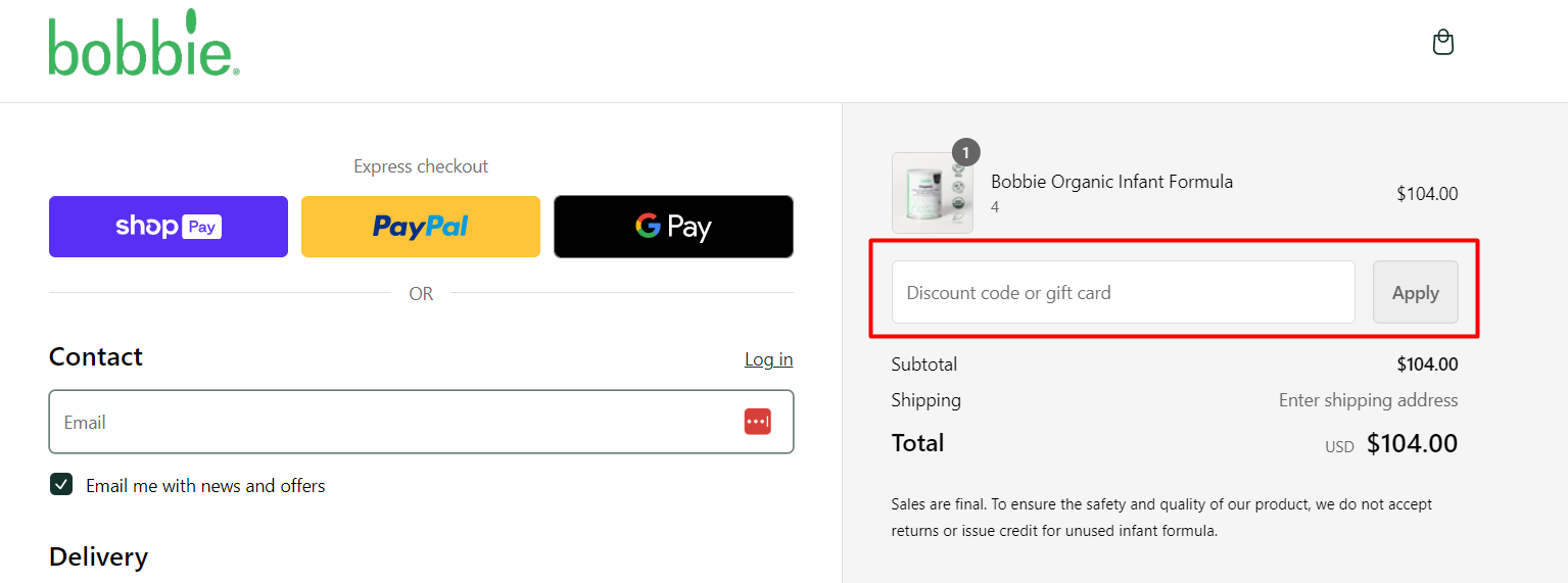How do I use my Bobbie discount code?