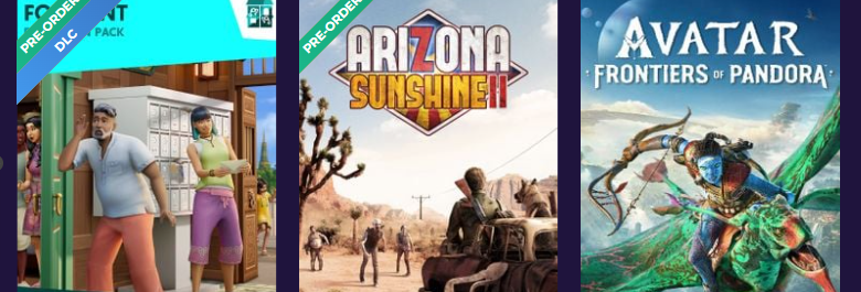 A collage showing The Sims 4, Arizona Sunshine 2 PC and Avatar Frontiers of pandora