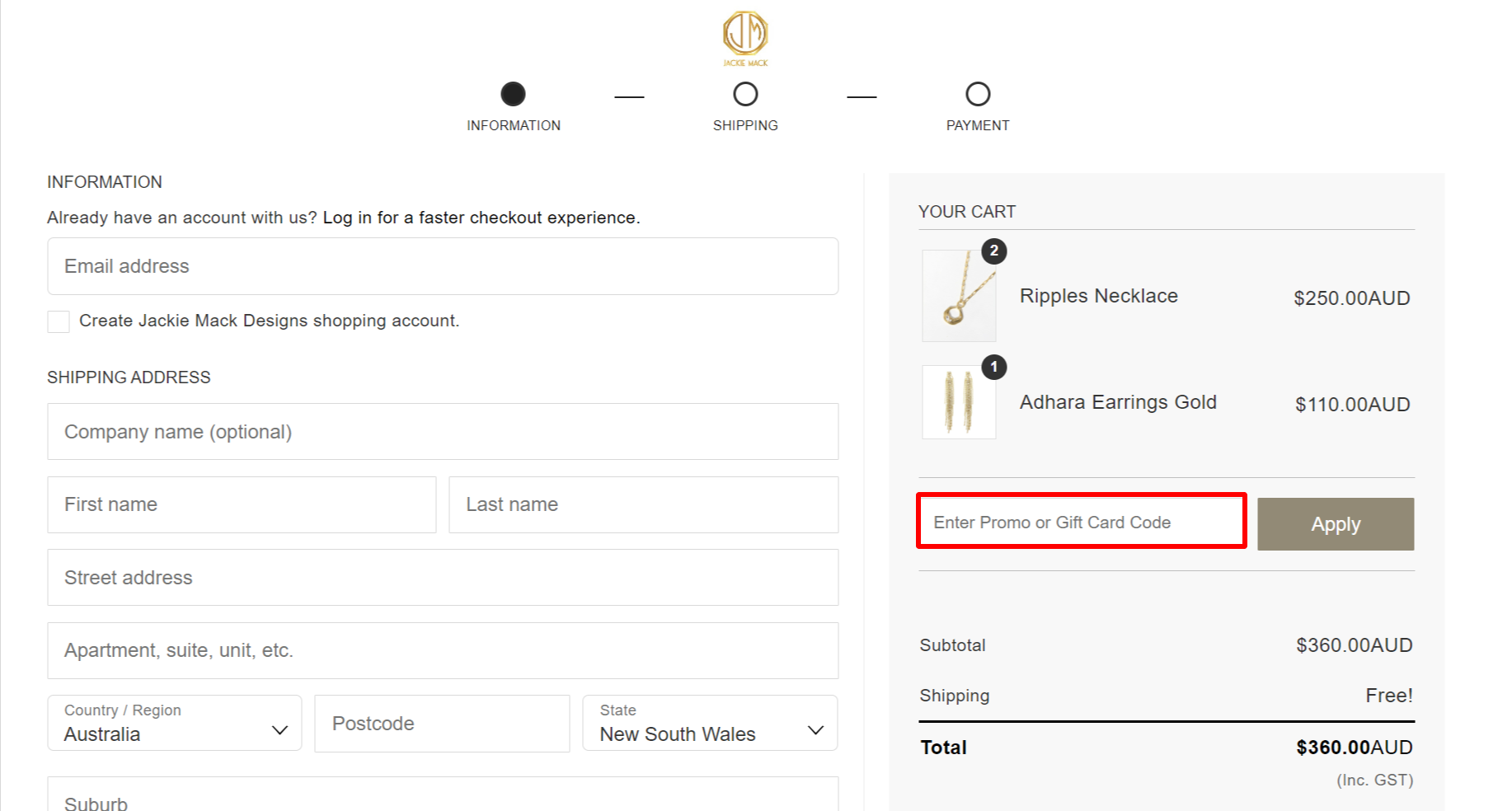 The highlighted red box at the brand checkout page is showing where to add the Jackie Mack Designs discount code.