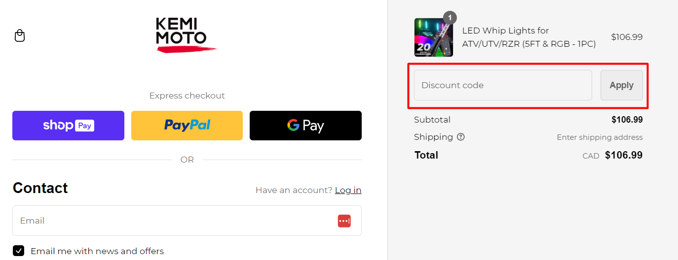 How do I use my KEMI MOTO discount code?