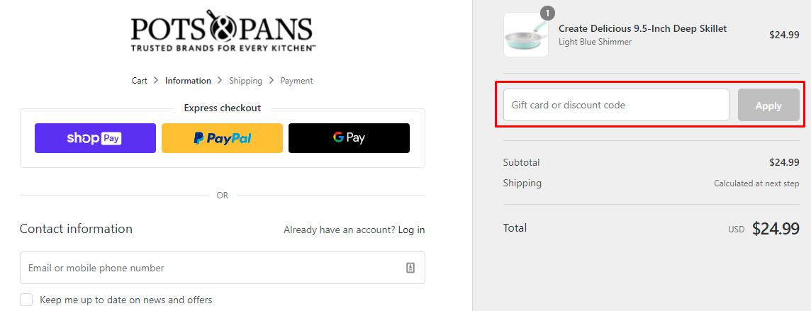 How do I use my PotsandPans discount code?
