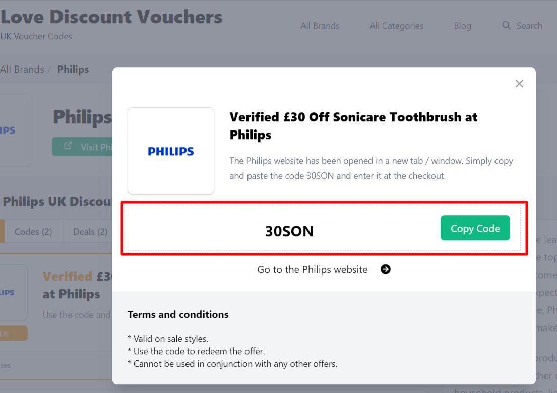 Love Coupons website with the Philips discount code Canada displayed and highlighted with a red box.