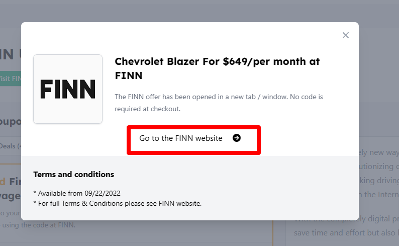 Box displayed on a darkened background of a FINN's discount with the terms and conditions showing
