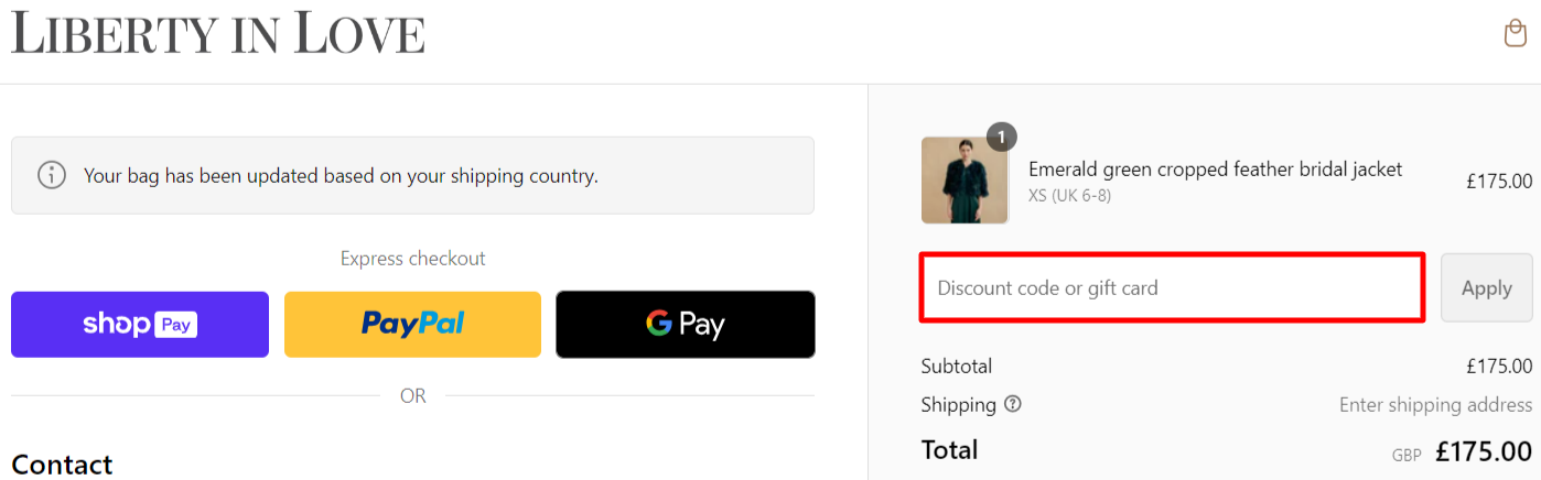 The brand checkout page with where to add the Liberty In Love discount code highlighted with a red box