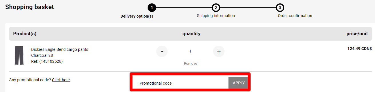 The brand checkout page with where to add the Tradeinn promo code is highlighted with a red box