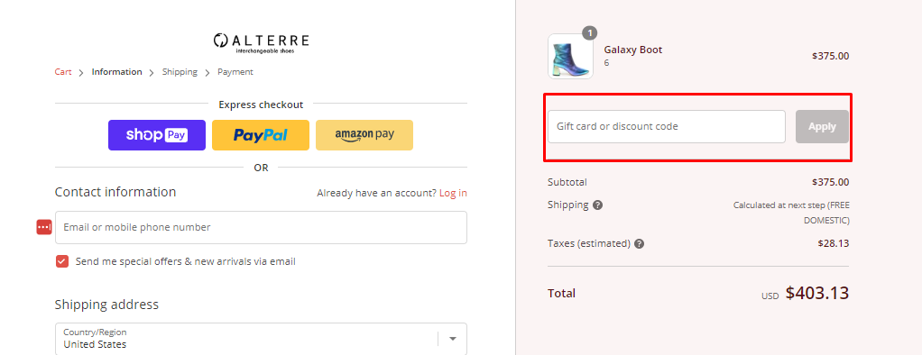 How do I use my Alterre discount code?