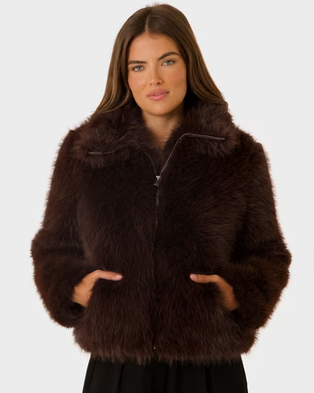 Dark brown coats:  A model wearing a dark brown faux fur coat