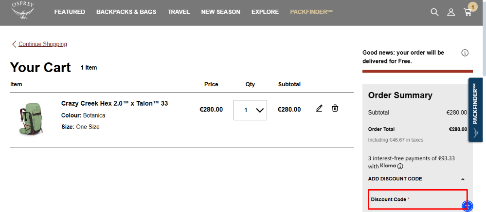 Osprey shopping cart where you use your Osprey discount code