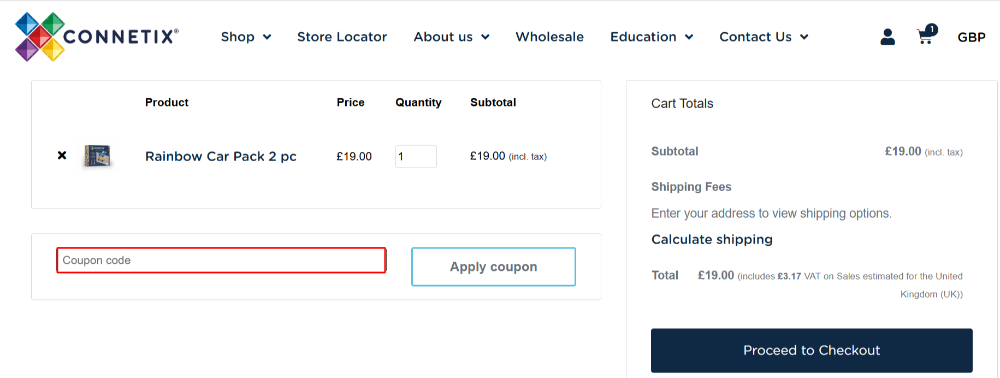 The Connetix checkout page with where to paste the Connetix voucher code in a red box.