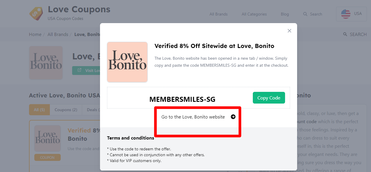 Box displayed on a darkened background of a Love Bonito discount code with the terms and conditions showing