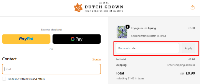 checkout page of the Dutch Grown website with a code box