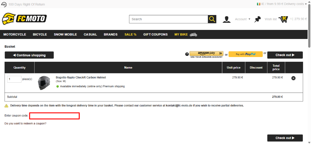 The shopping basket at FC-Moto where you apply your FC-Moto discount code