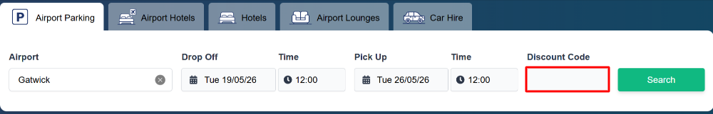 The FHR Airport Parking search bar with where to paste the FHR Airport Parking discount code in a red box