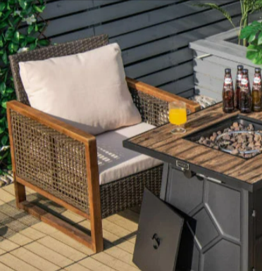 A Costway furniture set, with a cocktail and bottles of beer on the table