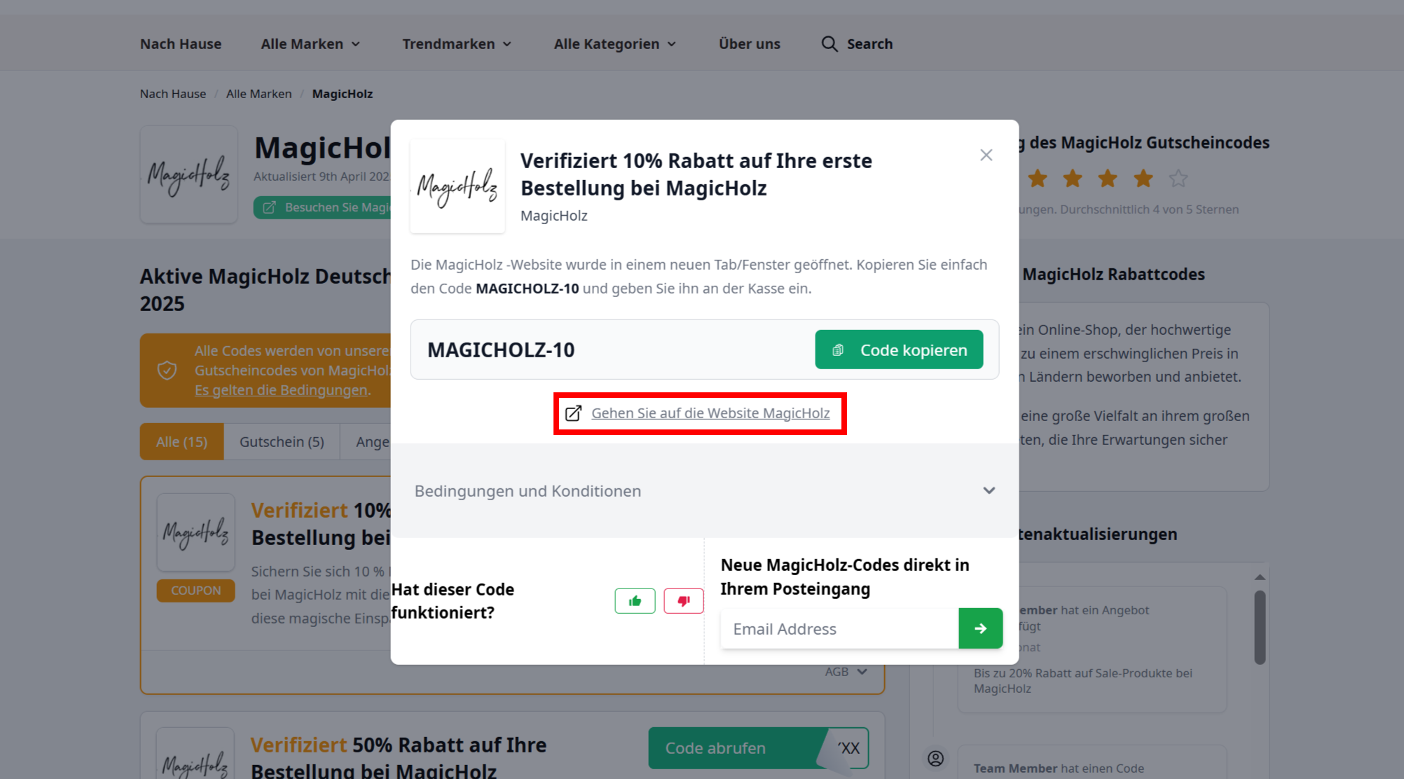 Ein offener Gutschein von Magicholz mit rotmarkiertem Link