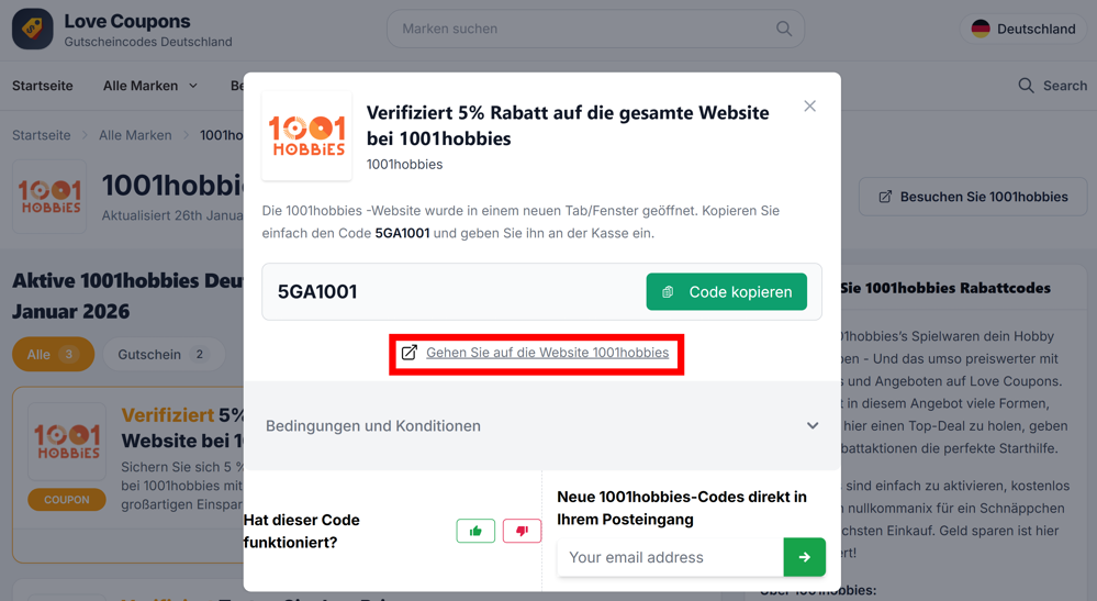 Offener Gutscheincode von 1001hobbies auf der Love Coupons-Seite mit rotmarkiertem Link