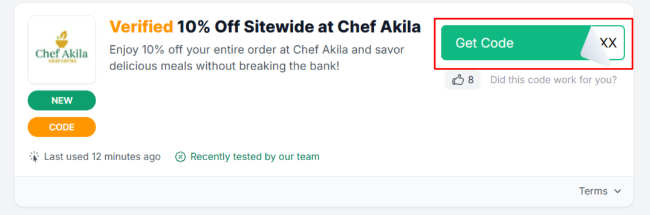 The Love Discount Vouchers page shows Chef Akila UK promo codes and offers to use on your purchase