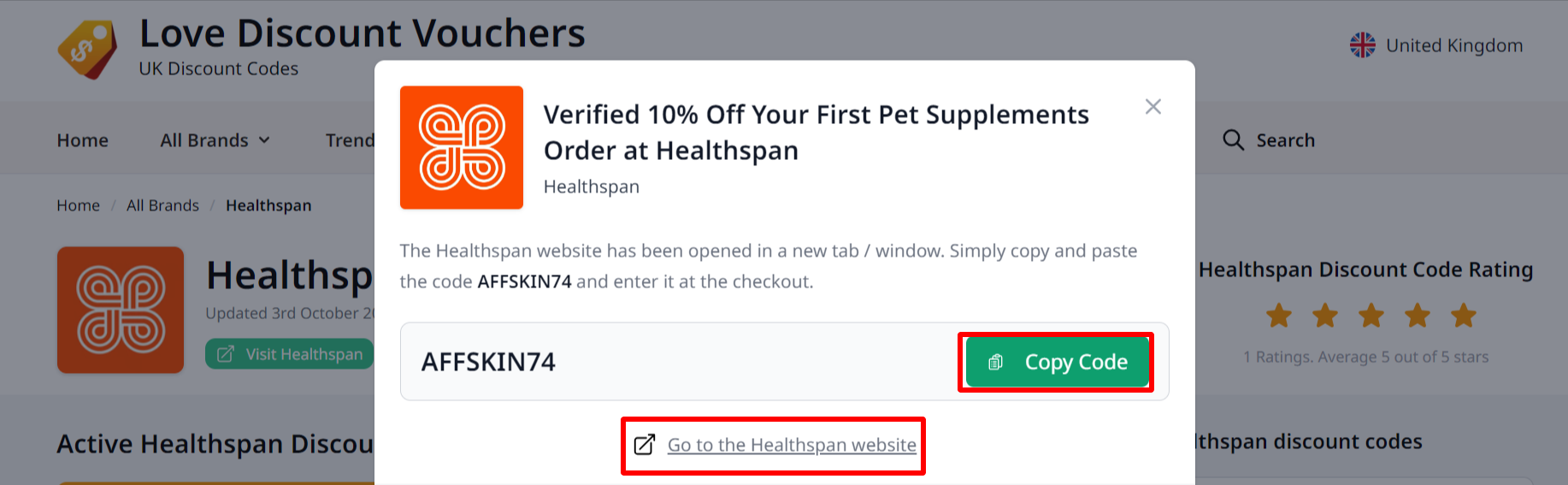 The red highlighted red box showing the link that automatically takes you to Healthspan website