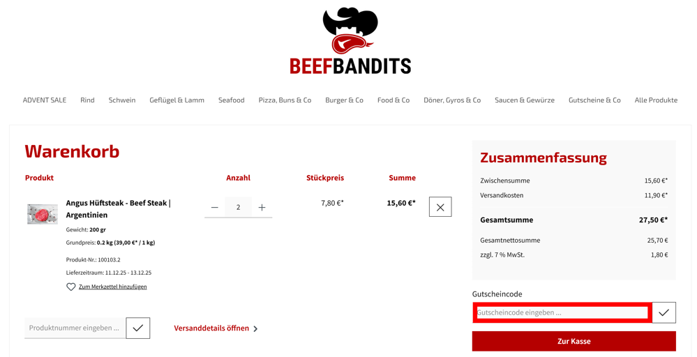 Warenkorb von BeefBandits mit einem rotmarkierten Eingabefeld für Rabattcodes