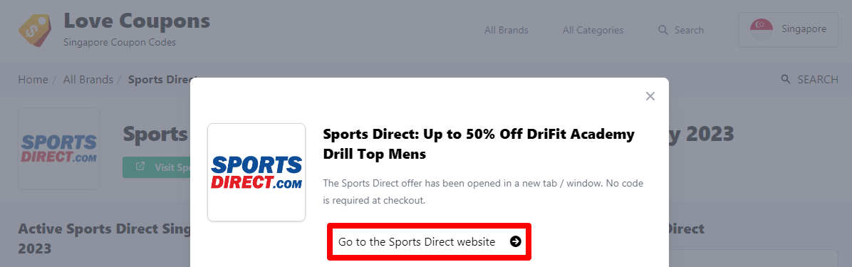 Box displayed on a darkened background of a Sports Direct promo code with the terms and conditions showing